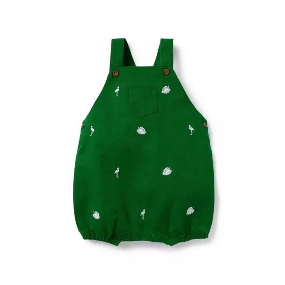 Janie and Jack Baby Tropical Embroidered Linen Overall Green size 12 To 18 Month